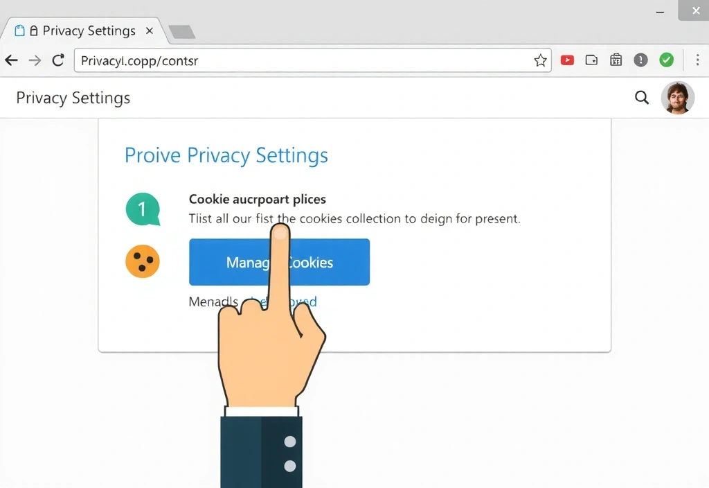 Ilustrație a unei interfețe de browser cu setări de confidențialitate și un cursor indicând opțiunile de cookie-uri