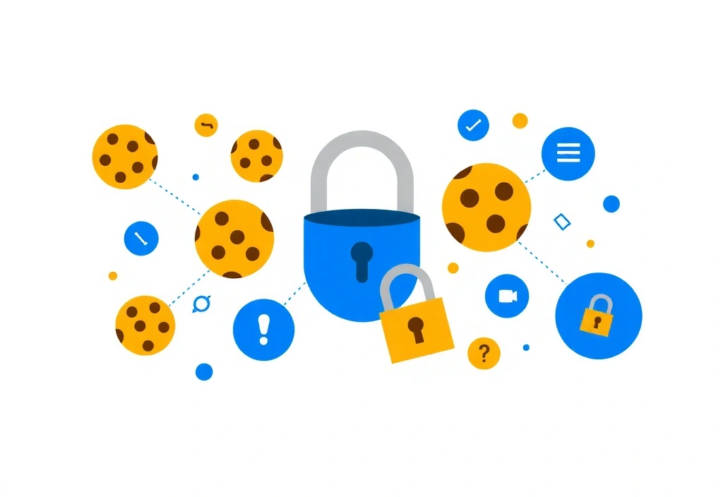 Ilustrație cu simboluri de cookie-uri și confidențialitate digitală