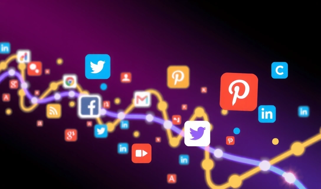 Reprezentare abstractă a marketingului digital cu pictograme de social media și flux de date