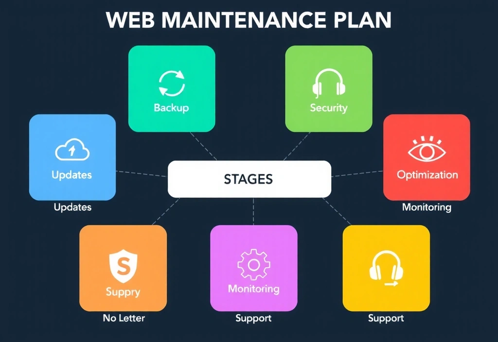 Diagramă cu etapele unui plan de mentenanță web: actualizări, backup, securitate, optimizare, monitorizare, suport