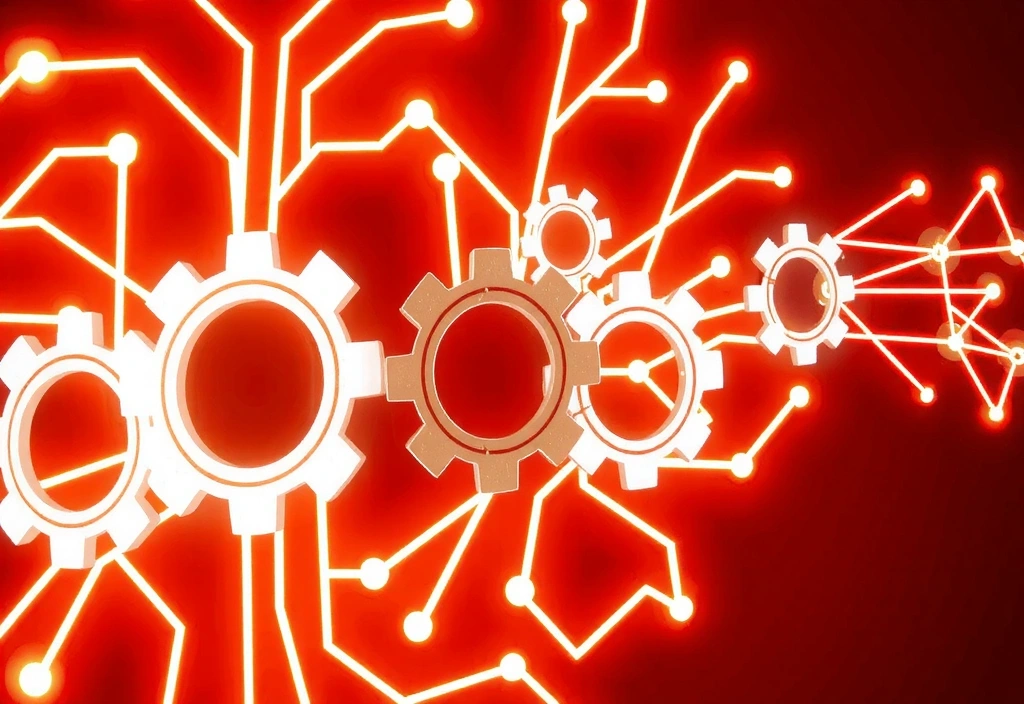 Reprezentare abstractă a suportului tehnic cu roți dințate și conexiuni de rețea