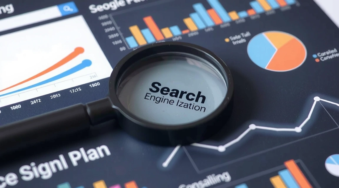 Abstract representation of search engine optimization, magnifying glass over data