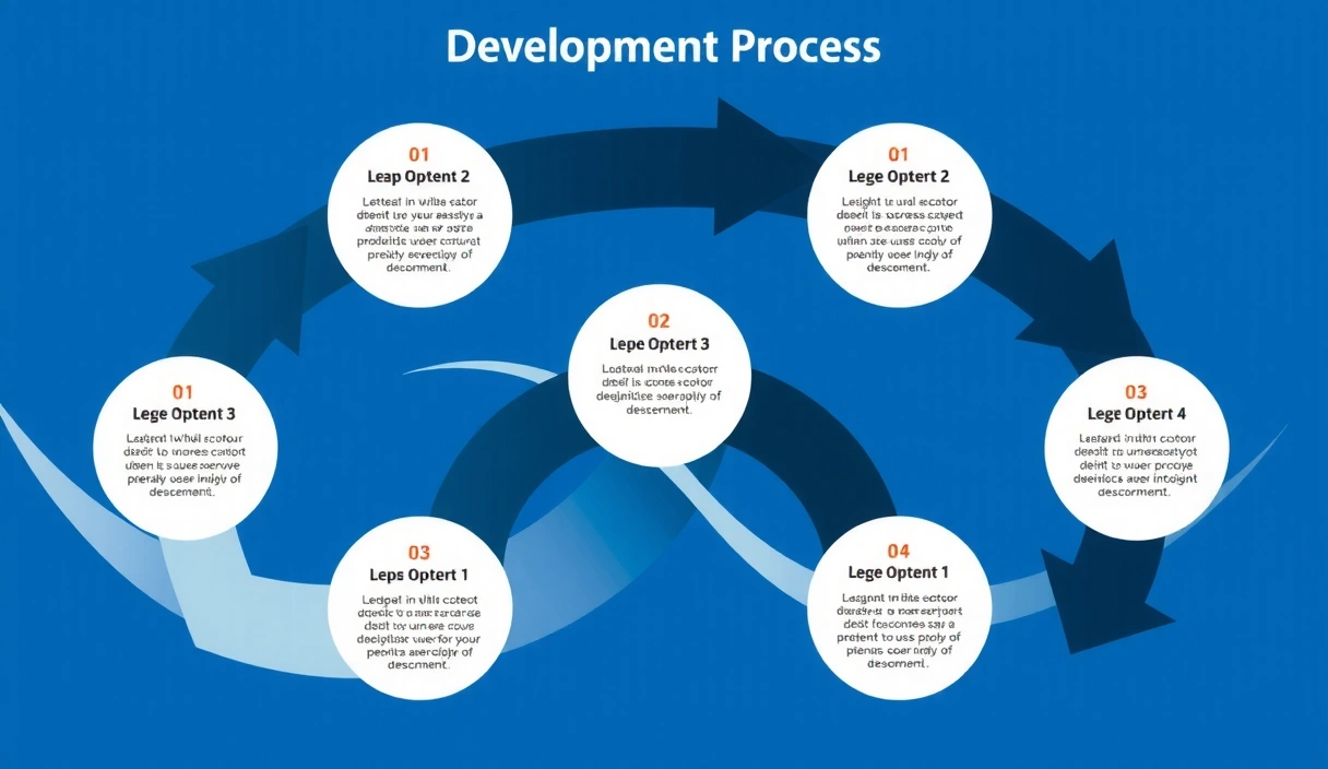 Infografic proces de dezvoltare digitală, cu săgeți și etape interconectate, stil modern, fără text
