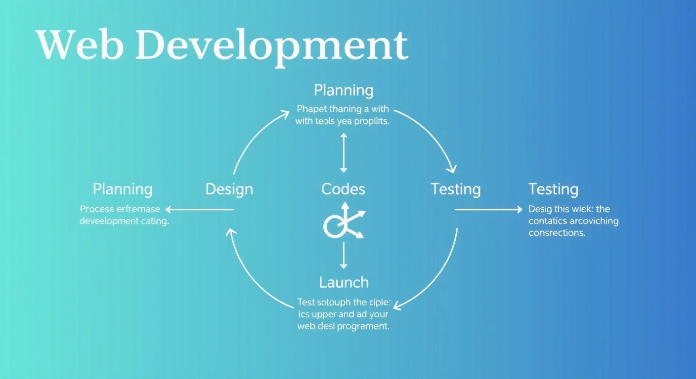 Infografic detaliat al procesului de dezvoltare web, cu faze de planificare, design, codare, testare și lansare, stil modern, curat, fără text